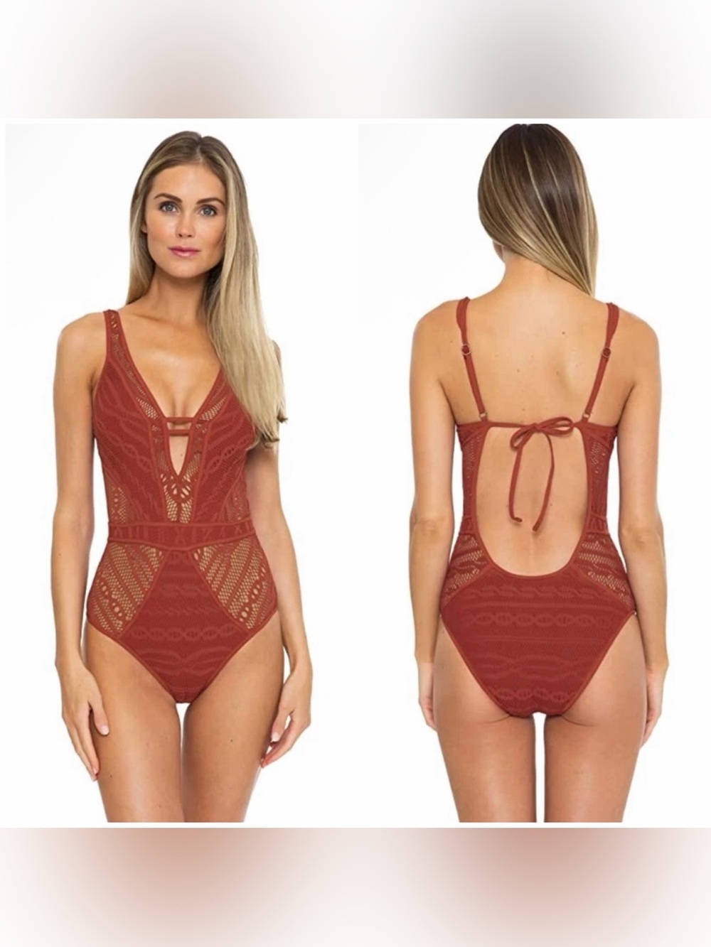 BECCA by Rebecca Virtue Crochet Show & Tell Plunge One-Piece in Agave Sz S